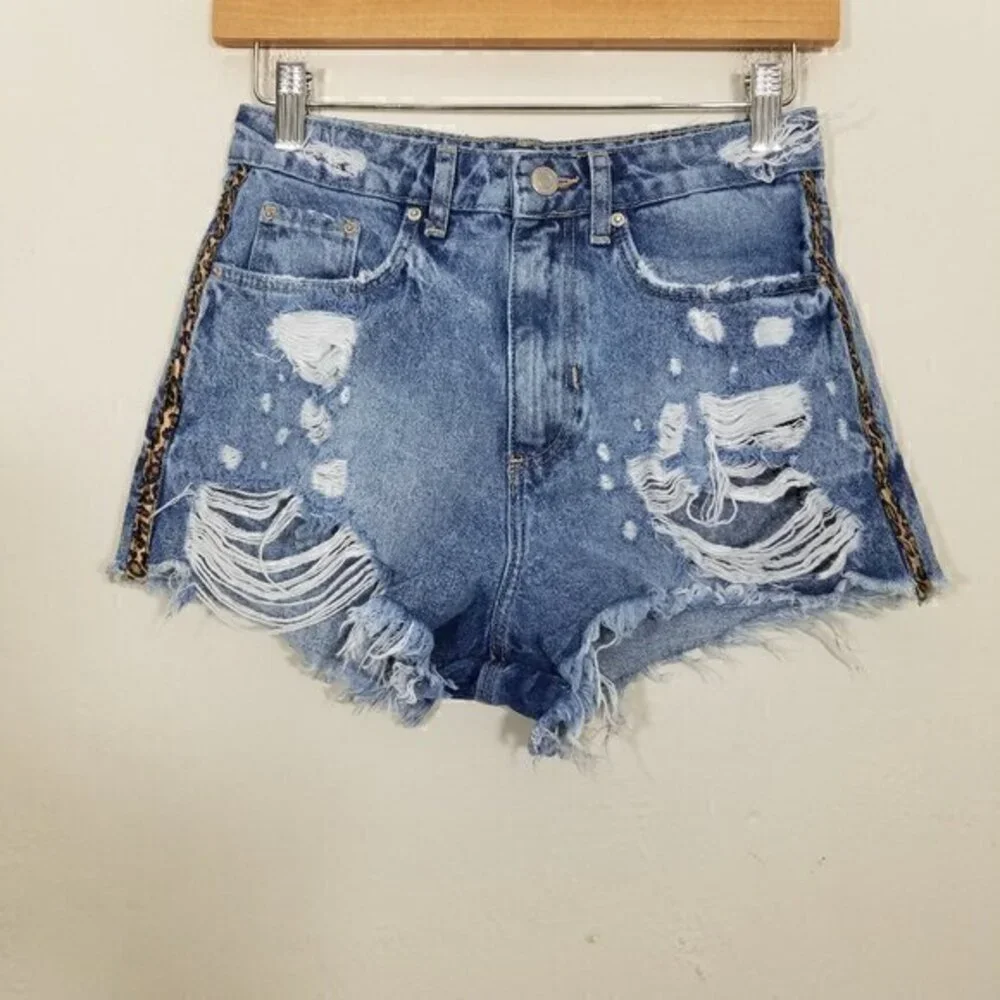 Zara Animal Print Stripes Distressed Jean Shorts Blue Size 2